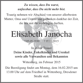 Traueranzeige von Elisabeth Janocha von Super Sonntag Wittenberg