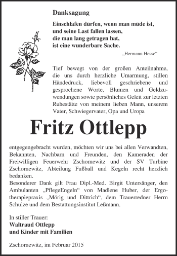 Traueranzeige von Fritz Ottlepp von WVG - Wochenspiegel Wittenberg