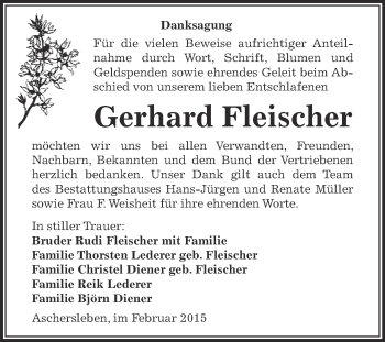 Traueranzeige von Gerhard Fleischer von Super Sonntag Aschersleben