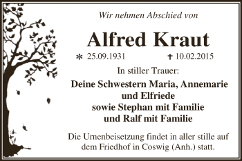 Traueranzeige von Alfred Kraut von WVG - Wochenspiegel Dessau / Köthen