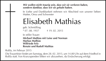 Traueranzeige von Elisabeth Mathias von WVG - Wochenspiegel SGH
