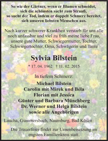 Traueranzeige von Sylvia Bilstein von Mitteldeutsche Zeitung Naumburg/Nebra