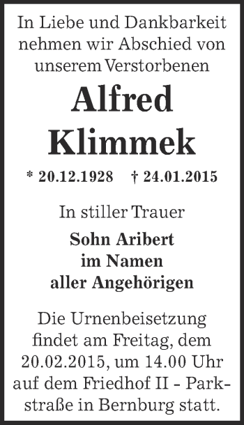 Traueranzeige von Alfred Klimmek von Super Sonntag Bernburg