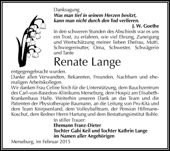 Traueranzeige von Renate Lange von WVG - Wochenspiegel Merseburg