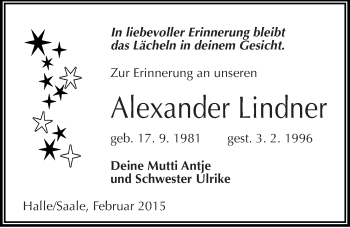Traueranzeige von Alexander Lindner von Mitteldeutsche Zeitung Halle/Saalkreis