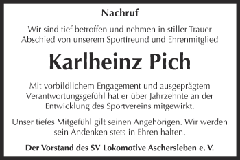 Traueranzeige von Kalheinz Pich von Super Sonntag Aschersleben