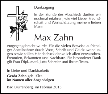 Traueranzeige von Max Zahn von Mitteldeutsche Zeitung Merseburg/Querfurt