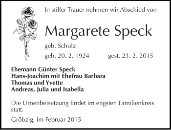 Traueranzeige von Margarete Speck von Mitteldeutsche Zeitung Köthen