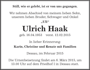 Traueranzeige von Ulrich Haak von WVG - Wochenspiegel Dessau / Köthen