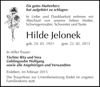 Traueranzeige von Hilde Jelonek von Mitteldeutsche Zeitung Mansfelder Land