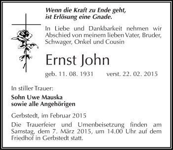 Traueranzeige von Ernst John von Mitteldeutsche Zeitung Mansfelder Land