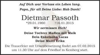 Traueranzeige von Dietmar Passoth von Super Sonntag Wittenberg