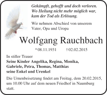 Traueranzeige von Wolfgang Rauchbach von WVG - Wochenspiegel NMB / WSF / ZTZ