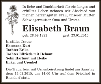 Traueranzeige von Elisabeth Braun von Super Sonntag Bernburg
