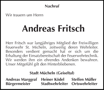 Traueranzeige von Andreas Fritsch von Mitteldeutsche Zeitung Merseburg/Querfurt