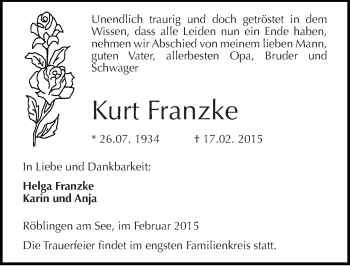 Traueranzeige von Kurt Franzke von Mitteldeutsche Zeitung Mansfelder Land