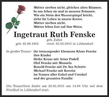 Traueranzeige von Ingetraut Ruth Fenske von WVG - Wochenspiegel Dessau / Köthen