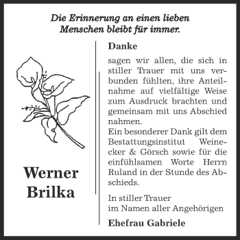 Traueranzeige von Werner Brilka von Super Sonntag Bernburg