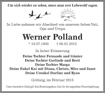Traueranzeige von Werner Polland von WVG - Wochenspiegel Dessau / Köthen