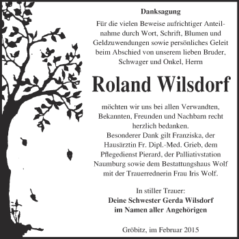 Traueranzeige von Roland Wilsdorf von WVG - Wochenspiegel NMB / WSF / ZTZ