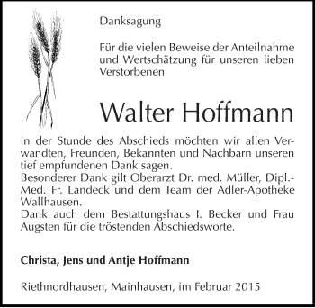Traueranzeige von Walter Hoffmann von Mitteldeutsche Zeitung Sangerhausen