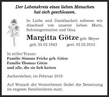 Traueranzeige von Margitta Götze von Super Sonntag Aschersleben