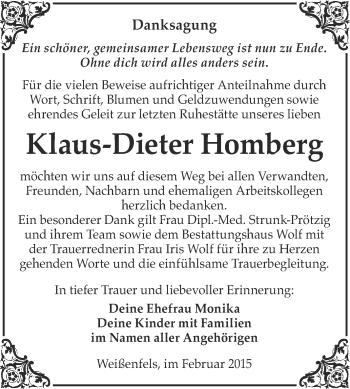 Traueranzeige von Klaus-Dieter Homberg von WVG - Wochenspiegel NMB / WSF / ZTZ