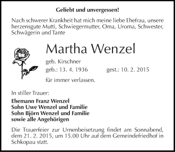 Traueranzeige von Martha Wenzel von Mitteldeutsche Zeitung Merseburg/Querfurt