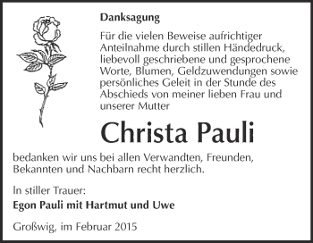 Traueranzeige von Christa Pauli von WVG - Wochenspiegel Wittenberg
