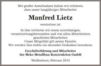 Traueranzeige von Manfred Lietz von Super Sonntag Zeitz