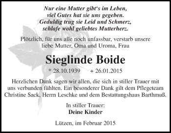Traueranzeige von Sieglinde Boide von WVG - Wochenspiegel Merseburg