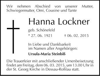 Traueranzeige von Hanna Lockner von Mitteldeutsche Zeitung Dessau-Roßlau