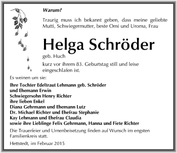 Traueranzeige von Helga Schröder von Mitteldeutsche Zeitung Mansfelder Land