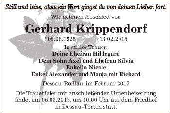 Traueranzeige von StGerhard Krippendorf von WVG - Wochenspiegel Dessau / Köthen