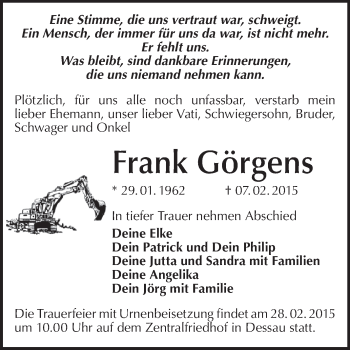 Traueranzeige von Frank Görgens von Super Sonntag Dessau / Köthen
