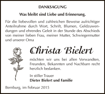 Traueranzeige von Christa Bielert von Super Sonntag Bernburg