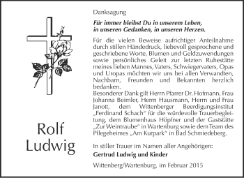 Traueranzeige von Rolf Ludwig von WVG - Wochenspiegel Wittenberg