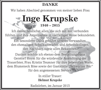 Traueranzeige von Inge Krupske von Super Sonntag Aschersleben