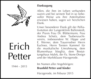 Traueranzeige von Erich Petter von Mitteldeutsche Zeitung Quedlinburg