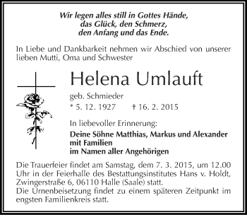 Traueranzeige von Helena Umlauft von Mitteldeutsche Zeitung Halle/Saalkreis