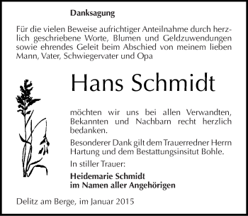 Traueranzeige von Hans Schmidt von Mitteldeutsche Zeitung Merseburg/Querfurt