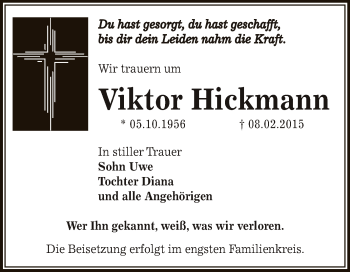 Traueranzeige von Viktor Hickmann von Super Sonntag Bernburg