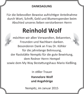 Traueranzeige von Reinhold Wolf von Super Sonntag Merseburg