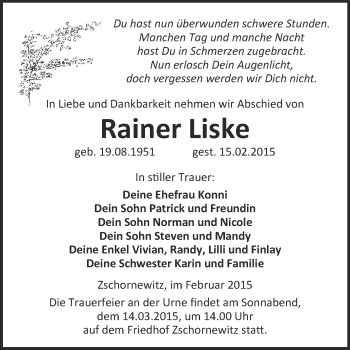 Traueranzeige von Rainer Liske von WVG - Wochenspiegel Wittenberg