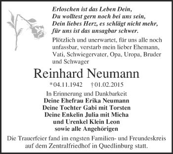 Traueranzeige von Reinhard Neumann von WVG - Wochenspiegel Quedlinburg