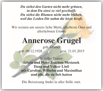 Traueranzeige von Annerose Grugel von WVG - Wochenspiegel Wittenberg