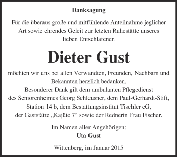 Traueranzeige von Dieter Gust von WVG - Wochenspiegel Wittenberg