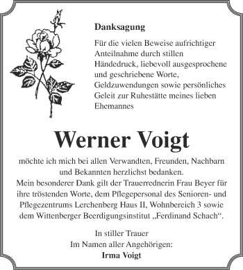 Traueranzeige von Werner Voigt von WVG - Wochenspiegel Wittenberg