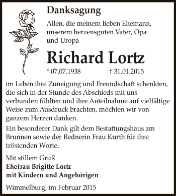 Traueranzeige von Richard Lortz von Wochenspiegel Mansfelder Land
