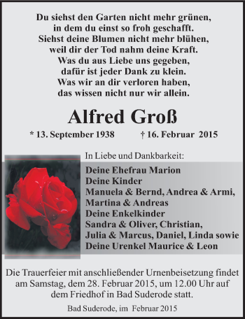 Traueranzeige von Alfred Groß von Mitteldeutsche Zeitung Quedlinburg